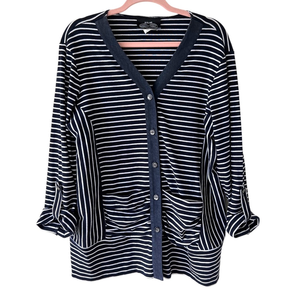 Vintage Solar Lasania Womens Striped Lightweight Cardigan Sz 16 Navy White Beach
